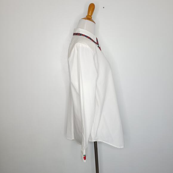 Karen Scott Teacher Button Front Shirt Apple Embroidery Plaid Trim Women Small - Picture 2 of 13